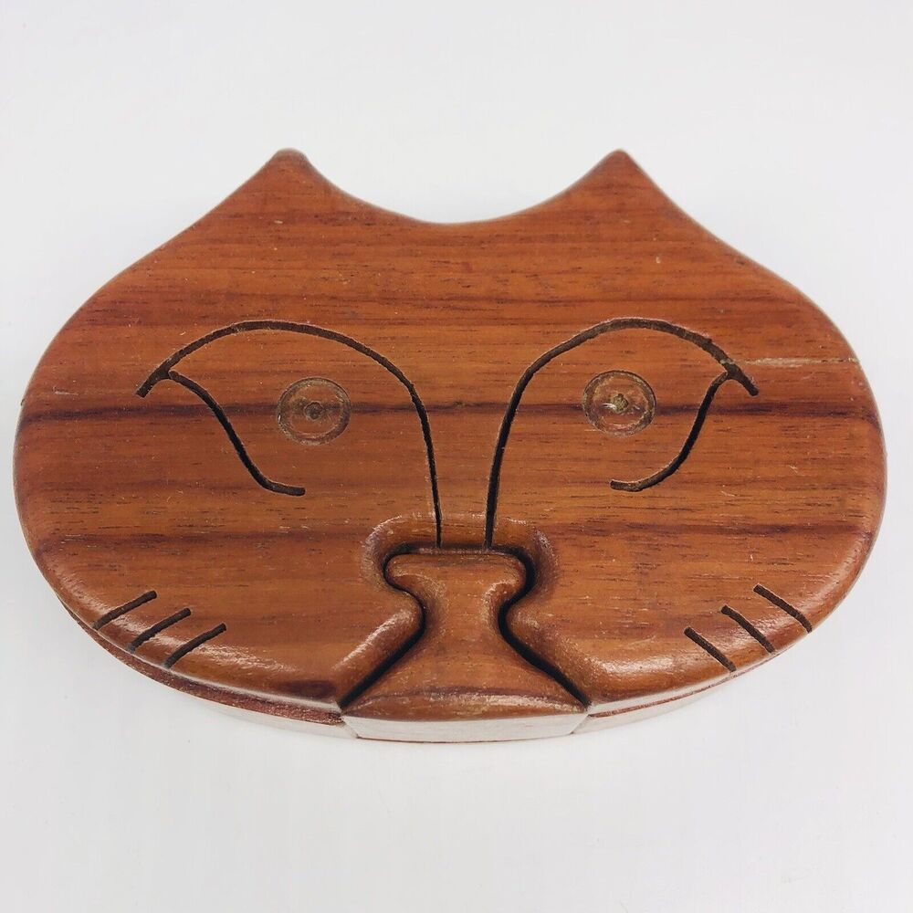 Vintage Wooden Cat Kitten Head Puzzle Box